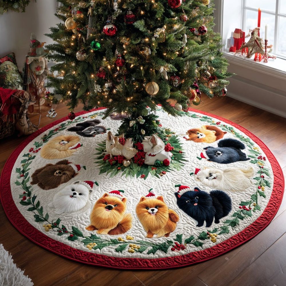 Holly Charm Pomeranian Tree Skirt — Custom Holiday Tree Skirt For Pom Owners, Handmade Festive Base With Personalized Touch