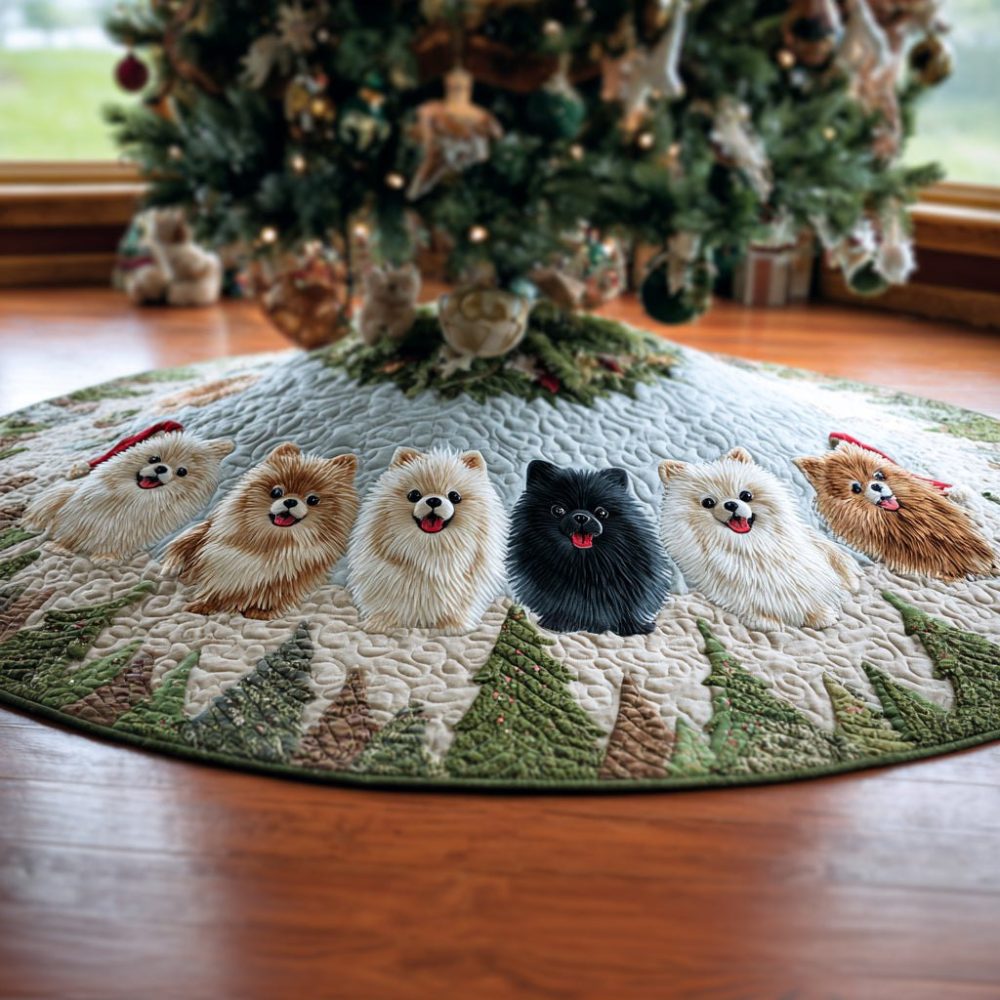 Sparkling Pom Snow Christmas Tree Skirt — Custom Pomeranian Holiday Skirt With Glitter Accents, Handmade Festive Decor