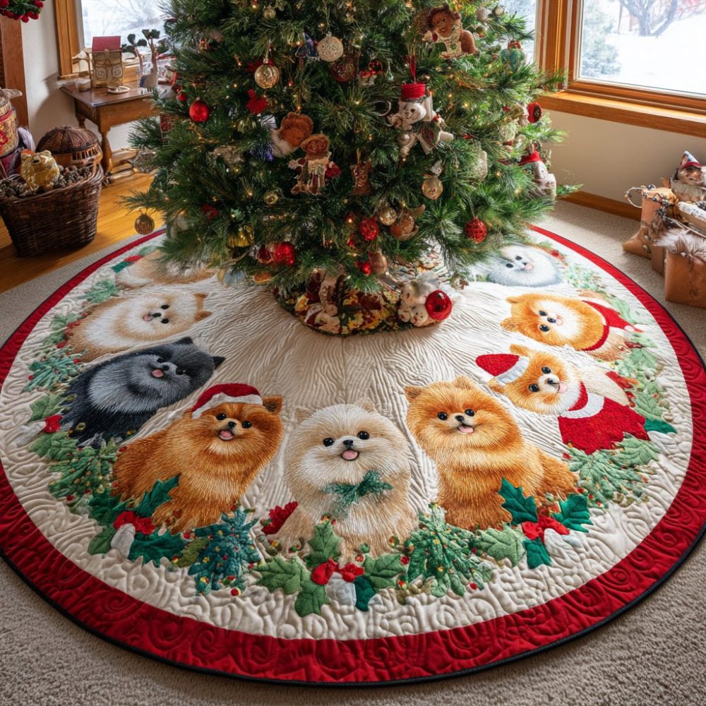 Whirling Pom Holiday Tree Skirt — Custom Pomeranian-Themed Christmas Skirt, Handmade Cozy Décor For Pet Parents