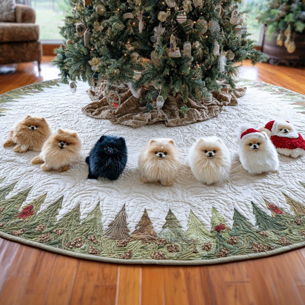 Pomeranian Wonderland Holiday Tree Skirt — Custom Handcrafted Christmas Skirt For Dog Lovers, Soft Festive Decor