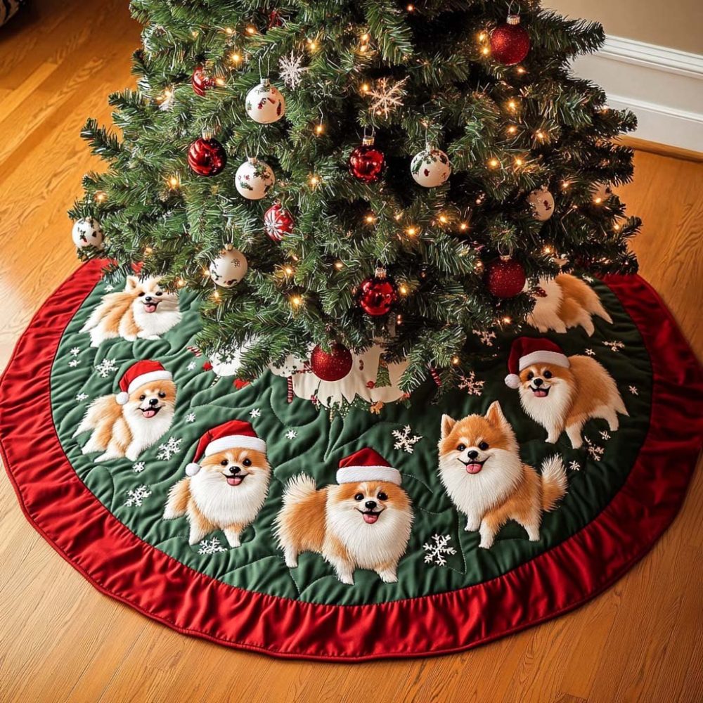 Pomeranian Charm Personalized Tree Skirt - Custom Handmade Christmas Tree Skirt With Elegant Pomeranian Silhouette, Gift-Ready Packaging