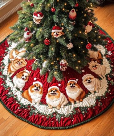 Pomeranian Delight Custom Tree Skirt - Handcrafted Christmas Tree Skirt Featuring Cute Pomeranian Artwork, Personalized Holiday Decor
