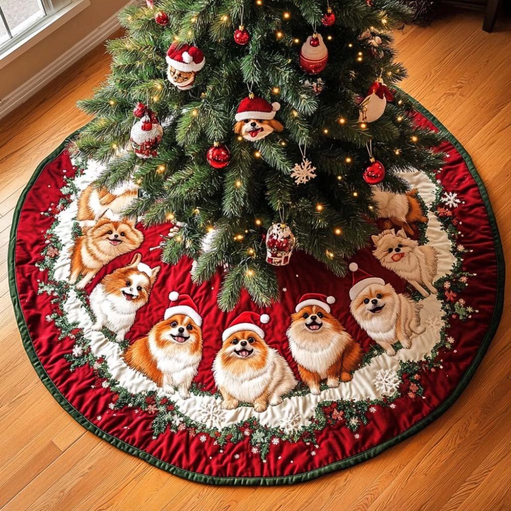 Pomeranian Delight Custom Tree Skirt - Handcrafted Christmas Tree Skirt Featuring Cute Pomeranian Artwork, Personalized Holiday Decor
