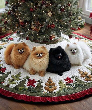 Pomeranian Holiday Glow Premium Tree Skirt - Custom Handmade Christmas Tree Skirt With Sparkling Accents & Pomeranian Motif