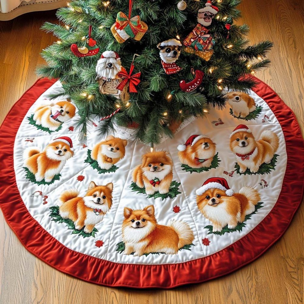 Pomeranian Joy Custom Christmas Tree Skirt - Handcrafted Holiday Tree Skirt With Adorable Pomeranian Design, Personalized Gift Option