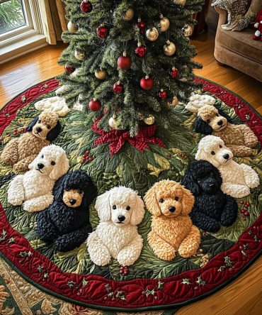 Poodle Christmas Eve Luxe Tree Skirt - Custom Handmade Christmas Tree Skirt For Festive Evenings, Poodle Design, Personalized Details