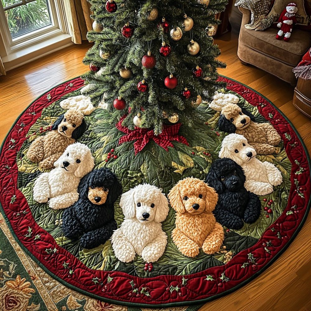 Poodle Christmas Eve Luxe Tree Skirt - Custom Handmade Christmas Tree Skirt For Festive Evenings, Poodle Design, Personalized Details