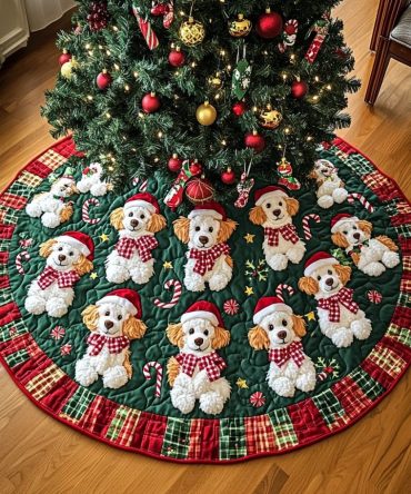 Poodle Christmas Joy Designer Tree Skirt - Custom Handmade Christmas Tree Skirt Featuring Festive Poodle Art, Personalize Today