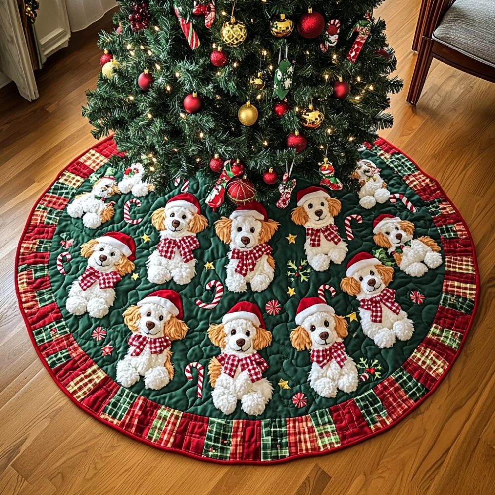 Poodle Christmas Joy Designer Tree Skirt - Custom Handmade Christmas Tree Skirt Featuring Festive Poodle Art, Personalize Today