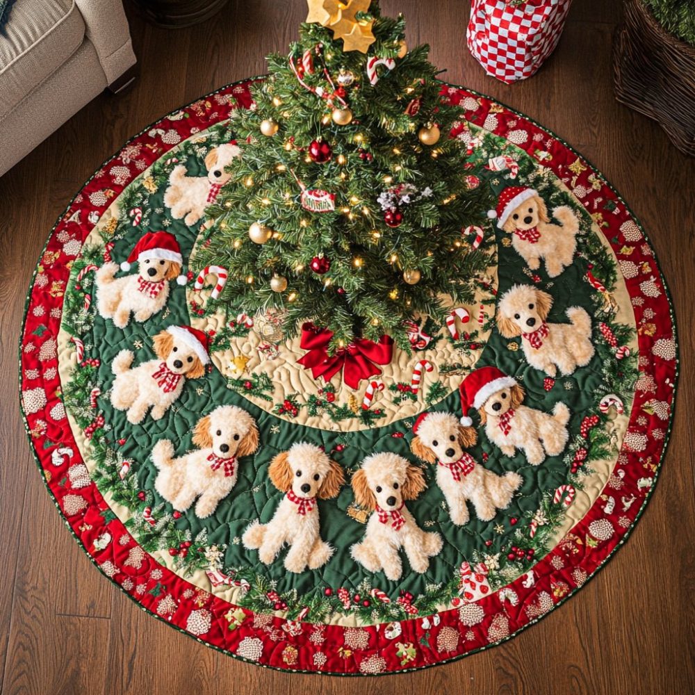 Poodle Holiday Joy Custom Tree Skirt - Handmade Christmas Tree Skirt With Joyful Poodle Design, Personalized Holiday Gift Idea