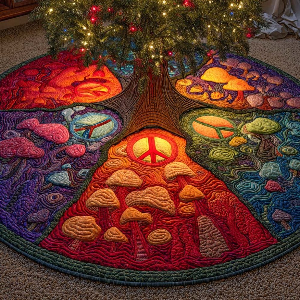 Psychedelic Forest Peace Christmas Tree Skirt — Colorful Forest Art, Custom-Made Holiday Skirt, Plush, Handcrafted To Order