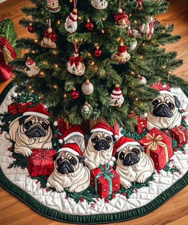 Pug Charm Tree Skirt — Adorable Handmade Pug Christmas Tree Skirt, Custom Sizes, Fade-Resistant Print & Easy Care
