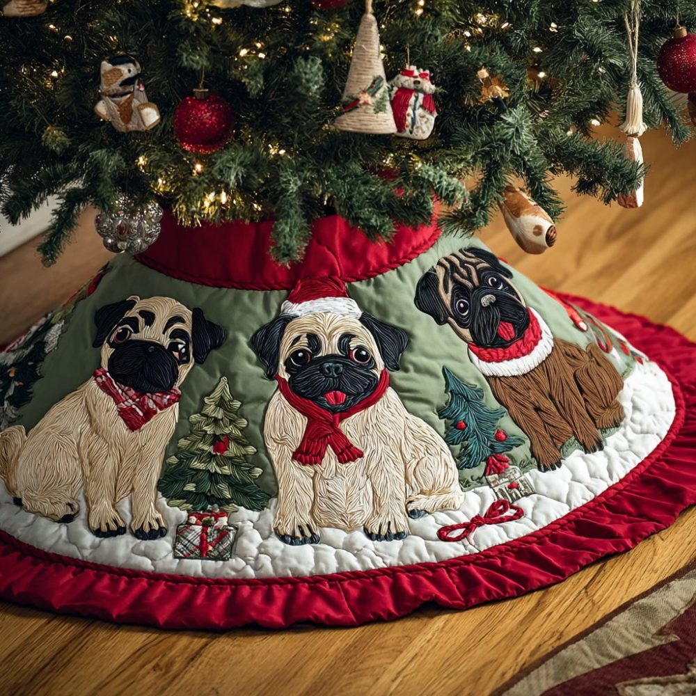 Pug Cheer Tree Skirt — Bright Festive Pug Christmas Skirt, Custom-Made With Cheerful Holiday Motifs, Easy-Care Fabric