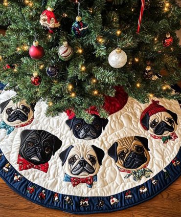 Navy Bow Tie Pug Faces Tree Skirt — Stylish Dog-Themed Christmas Skirt With Bow Tie Pattern, Made-To-Order & Machine Washable