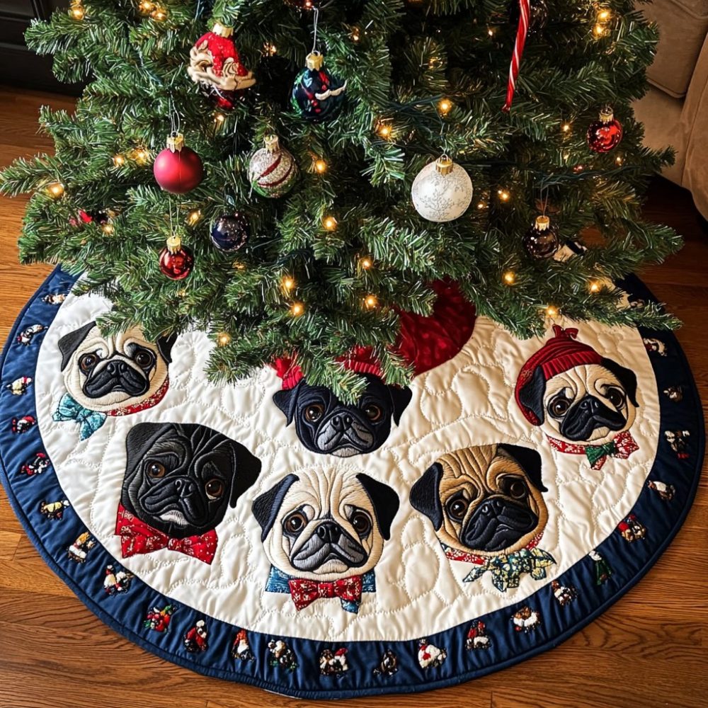 Navy Bow Tie Pug Faces Tree Skirt — Stylish Dog-Themed Christmas Skirt With Bow Tie Pattern, Made-To-Order & Machine Washable