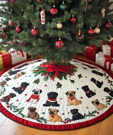 Snow Ring Pugs In Scarves Tree Skirt — Winter-Themed Pug Christmas Skirt, Custom Made With Cozy Scarf Motif, Washable