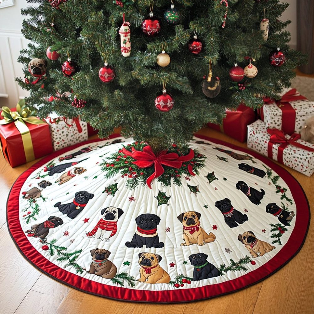 Snow Ring Pugs In Scarves Tree Skirt — Winter-Themed Pug Christmas Skirt, Custom Made With Cozy Scarf Motif, Washable