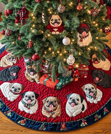 Crimson Presents Pugs Tree Skirt — Bright Holiday Skirt With Pugs And Presents, Custom Made, Ideal Gift For Dog Lovers
