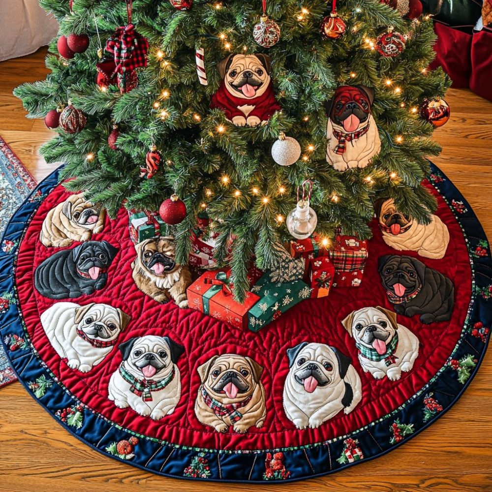 Crimson Presents Pugs Tree Skirt — Bright Holiday Skirt With Pugs And Presents, Custom Made, Ideal Gift For Dog Lovers