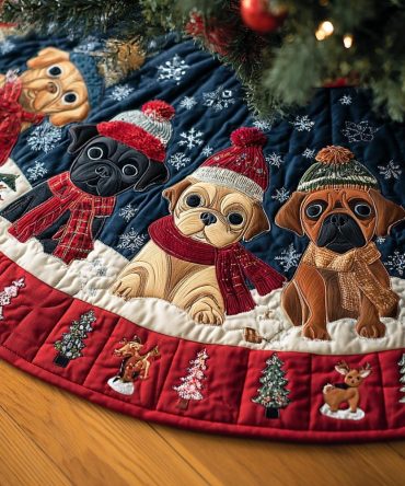 Pug Delight Christmas Tree Skirt — Charming Handmade Dog-Themed Holiday Skirt, Custom Sizes, Washable & Ready To Gift