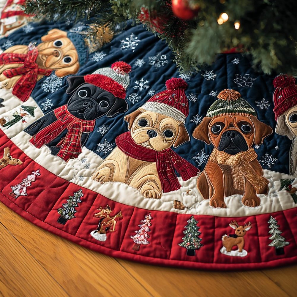 Pug Delight Christmas Tree Skirt — Charming Handmade Dog-Themed Holiday Skirt, Custom Sizes, Washable & Ready To Gift