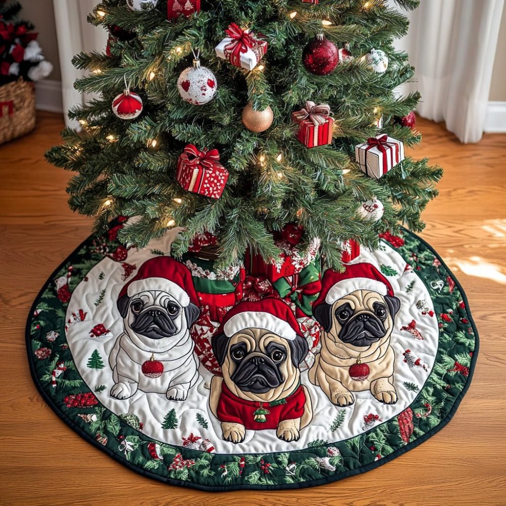 Custom Pug Holiday Tree Skirt — Handmade Festive Pug Christmas Decor, Machine-Washable & Made-To-Order For Dog Lovers