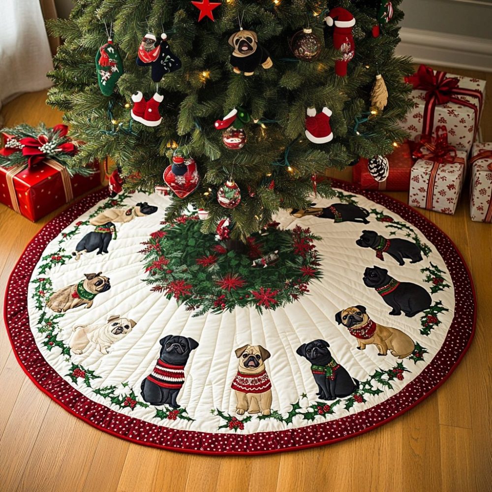 Berry Rim Pugs Sweaters Tree Skirt — Vibrant Holiday Dog Skirt With Festive Sweater Motif, Custom Made For Pug Lovers