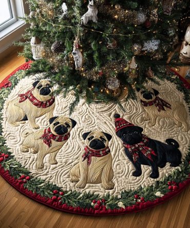 Pug Holly Christmas Tree Skirt — Handcrafted Holly & Pug Motif, Festive Green Accents, Custom Made-To-Order Holiday Décor