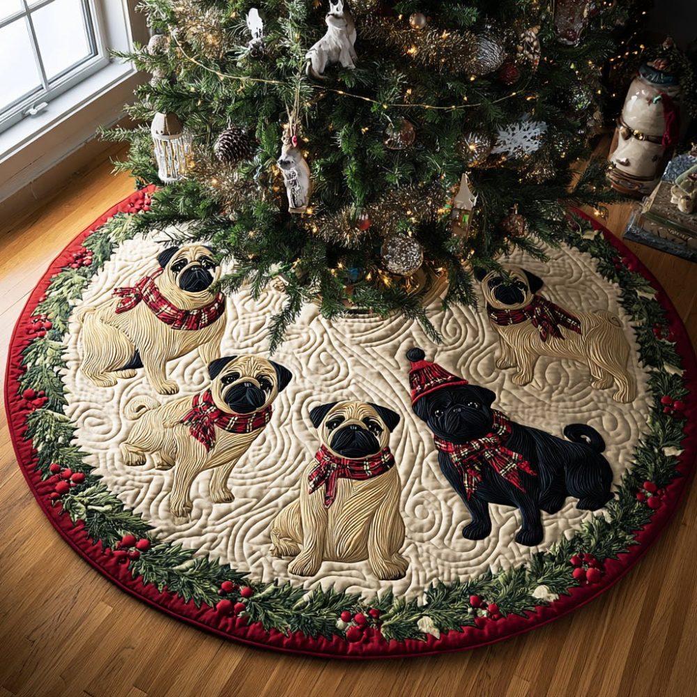 Pug Holly Christmas Tree Skirt — Handcrafted Holly & Pug Motif, Festive Green Accents, Custom Made-To-Order Holiday Décor