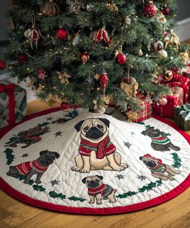 Pug In Red Scarf Ivory Tree Skirt — Cozy Pug Portrait On Ivory Base, Handmade, Custom Made-To-Order Christmas Accent