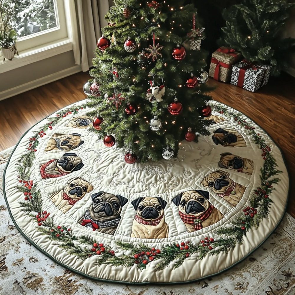 Pug Row Holly Cream Ring Tree Skirt — Handcrafted Pug Row Design With Cream Holly Ring, Made-To-Order Holiday Statement Piece