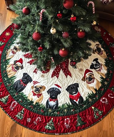 Pugs In Bow Ties Wine Band Tree Skirt — Elegant Bow-Tie Pug Design With Wine-Colored Band, Handmade, Made-To-Order Holiday Base