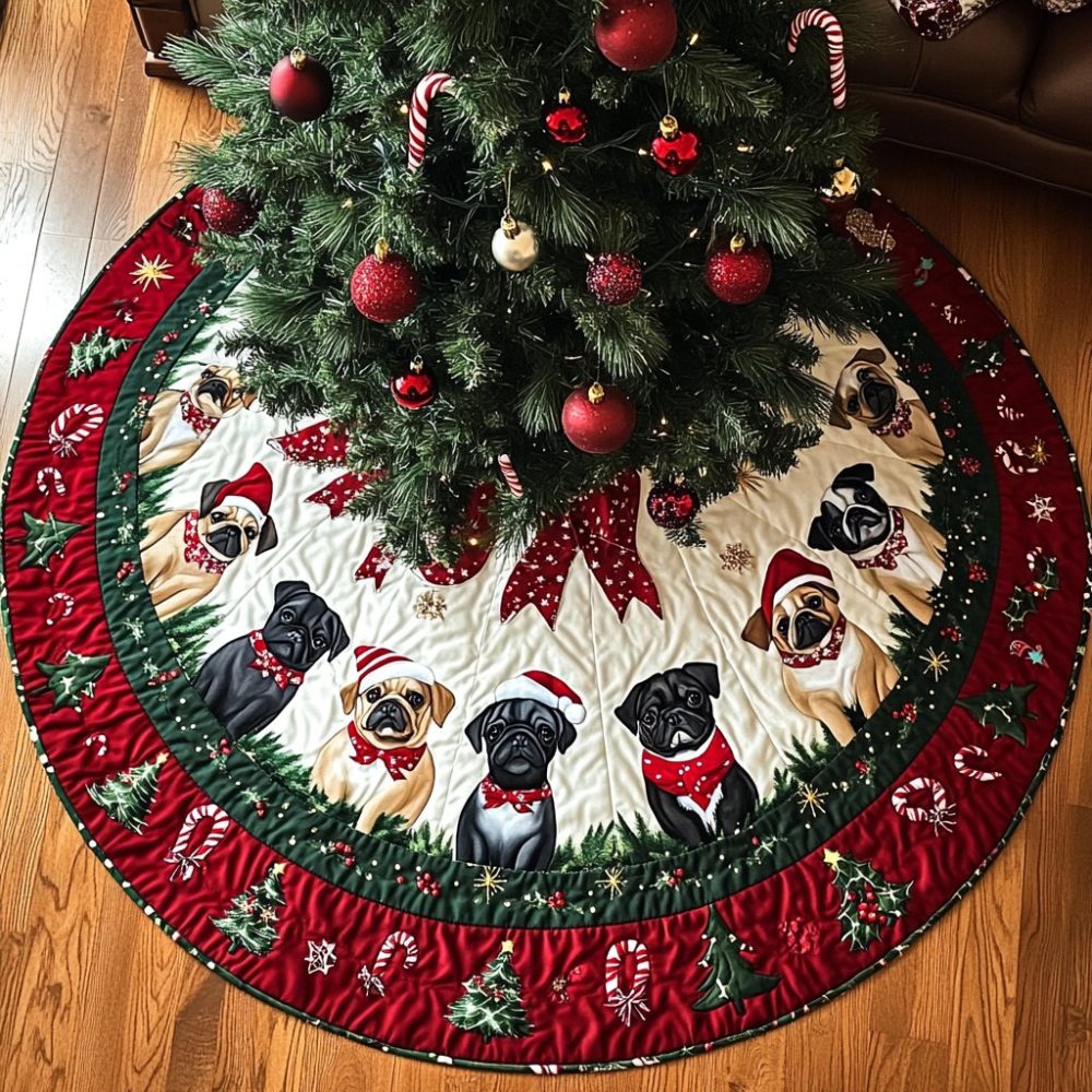 Pugs In Bow Ties Wine Band Tree Skirt — Elegant Bow-Tie Pug Design With Wine-Colored Band, Handmade, Made-To-Order Holiday Base