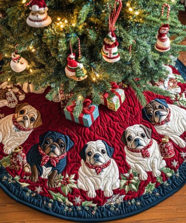 Pugs With Presents Star Hem Tree Skirt — Handcrafted Festive Pug & Gifts Design, Star Trim, Made-To-Order Christmas Accent