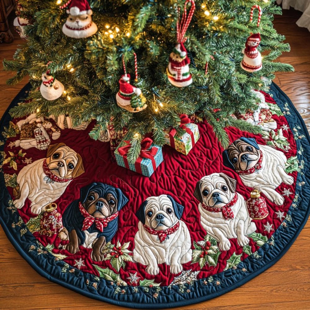 Pugs With Presents Star Hem Tree Skirt — Handcrafted Festive Pug & Gifts Design, Star Trim, Made-To-Order Christmas Accent