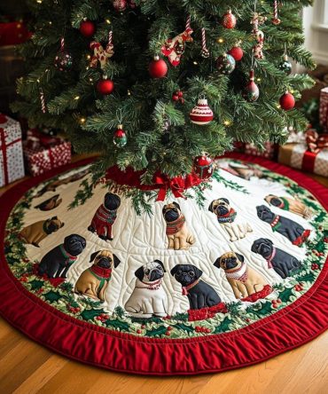 Pug Family Ivory Holly Ring Tree Skirt — Handcrafted Family Pug Motif, Ivory Holly Border, Made-To-Order Holiday Elegance