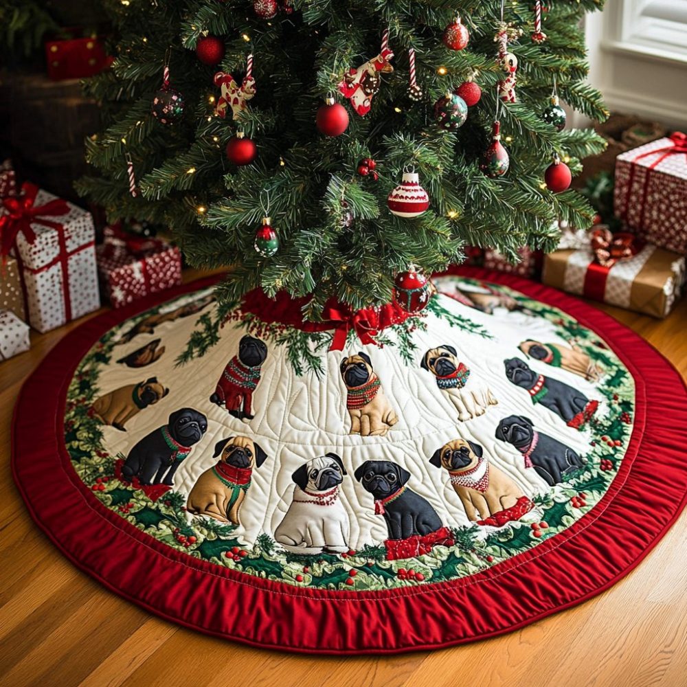 Pug Family Ivory Holly Ring Tree Skirt — Handcrafted Family Pug Motif, Ivory Holly Border, Made-To-Order Holiday Elegance