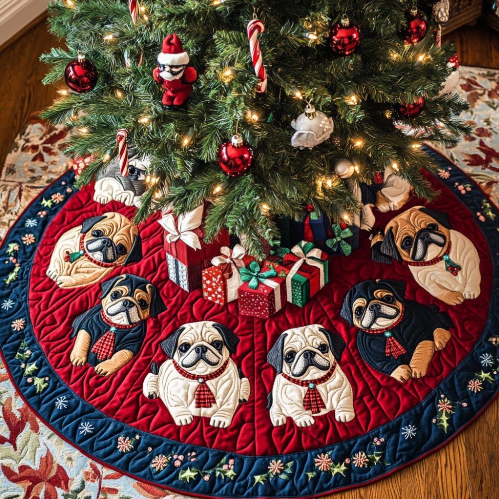 Pugs In Scarves With Gifts Navy Christmas Tree Skirt — Handcrafted Navy Hem, Cozy Holiday Design, Custom Made-To-Order