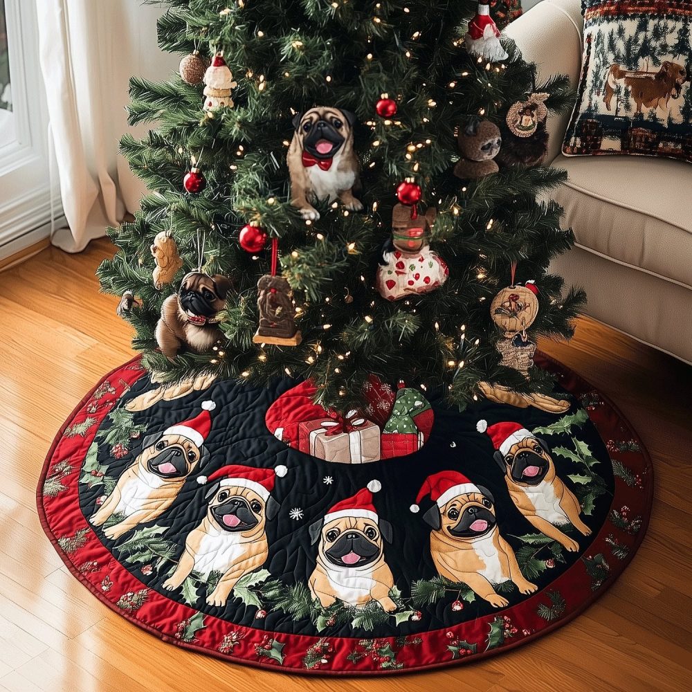 Pug Paws Holiday Tree Skirt — Charming Pug Paw Print, Durable Quilted Base, Custom Made-To-Order Christmas Décor