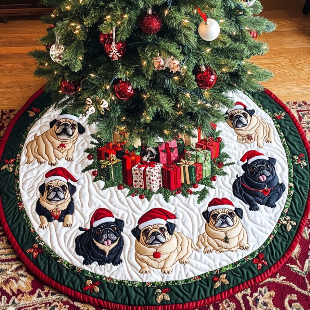 Pug Spirit Christmas Tree Skirt — Handcrafted Pug Spirit Motif, Luxurious Soft Fabric, Made-To-Order Holiday Centerpiece