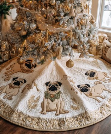 Pug Wonderland Tree Skirt — Handcrafted Festive Pug Scene, Soft Plush Finish, Custom Made-To-Order Holiday Tree Base