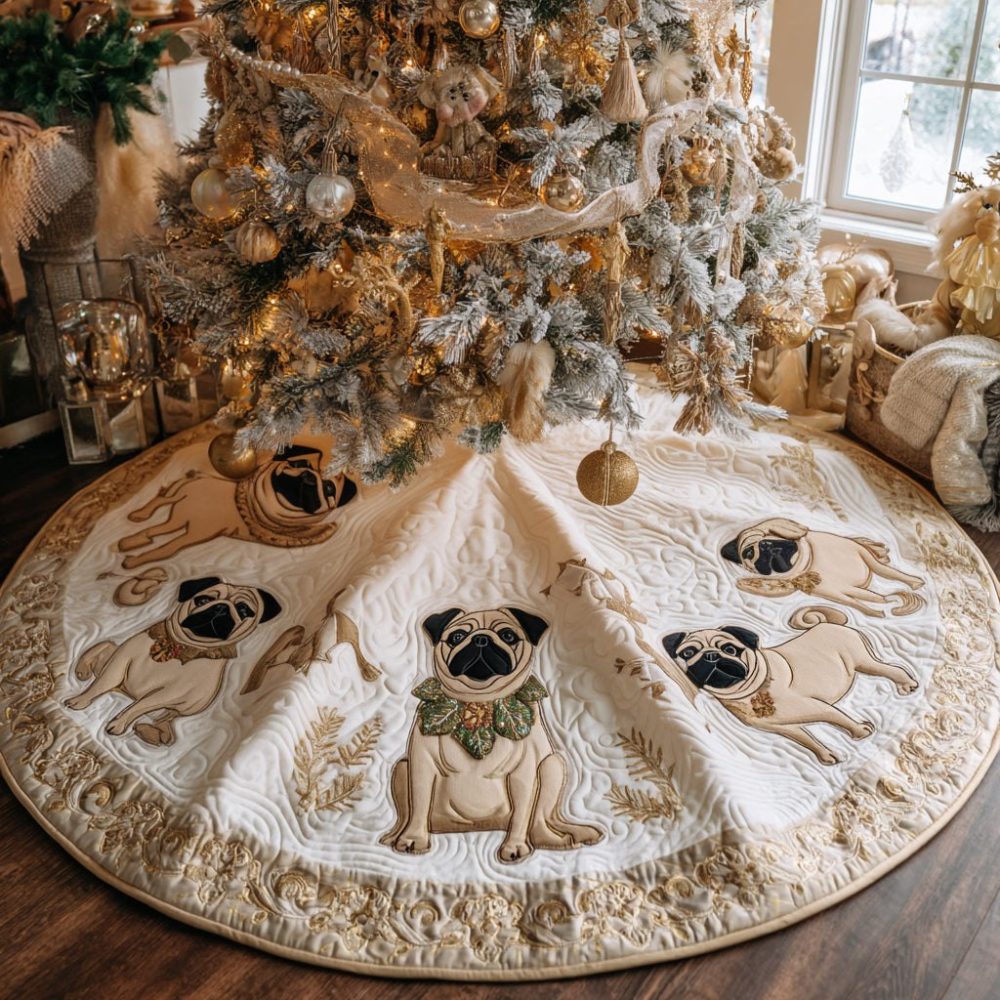 Pug Wonderland Tree Skirt — Handcrafted Festive Pug Scene, Soft Plush Finish, Custom Made-To-Order Holiday Tree Base