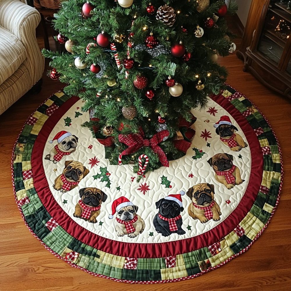 Pugs In Holiday Hats Green Check Tree Skirt — Handmade Green Hem Design, Durable Cotton Blend, Custom Made For Christmas
