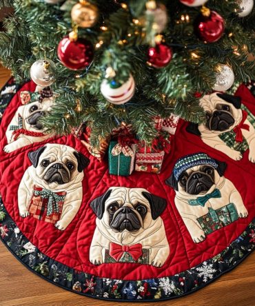 Classic Pugs With Bows Tree Skirt — Ruby Border Holiday Skirt, Handcrafted, Soft Felt Finish, Made-To-Order Christmas Accent