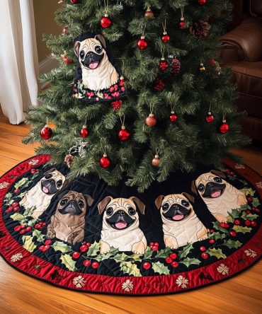 Yuletide Pug Tree Skirt — Handcrafted Pug Yuletide Delight Pattern, Soft Cozy Fabric, Custom Made-To-Order Holiday Accent
