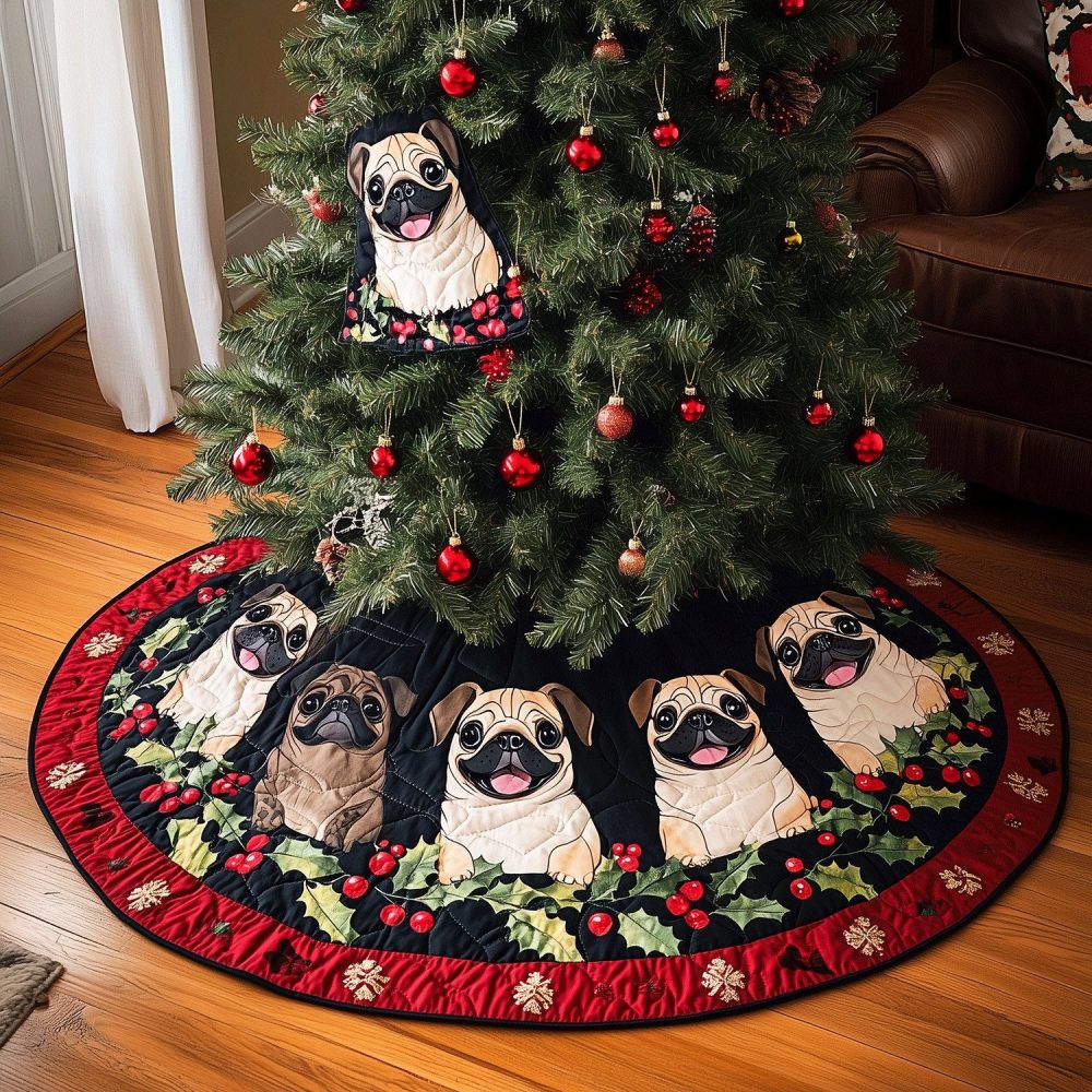 Yuletide Pug Tree Skirt — Handcrafted Pug Yuletide Delight Pattern, Soft Cozy Fabric, Custom Made-To-Order Holiday Accent