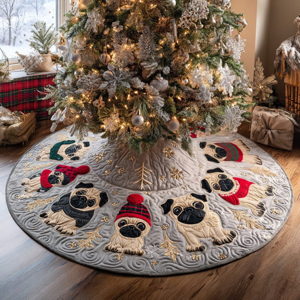 Pug Parade Tree Skirt — Playful Dog-Themed Christmas Skirt With Multiple Pug Illustrations, Custom Made & Machine Washable