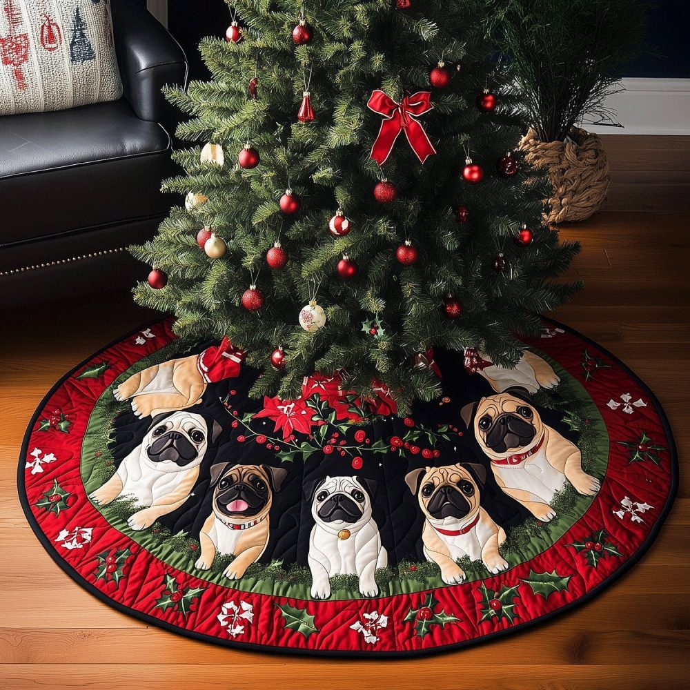 Festive Pug Holiday Tree Skirt — Handmade Puggy Cheer Design, Plush Cotton Blend, Made-To-Order Christmas Decor & Gift