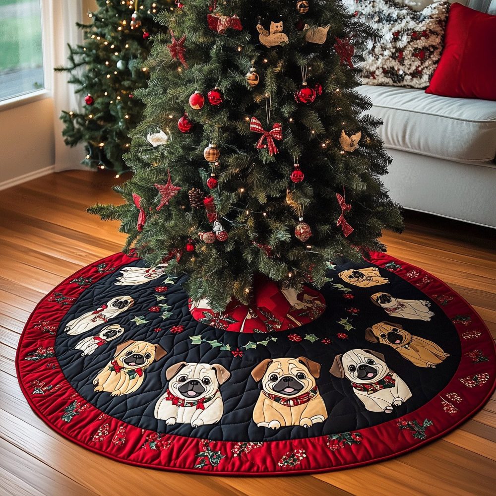 Puggy Christmas Fun Tree Skirt - Custom Pug Lover Holiday Skirt, Handmade, Playful Pug Graphics, Personalized Pet Gift, Made To Order