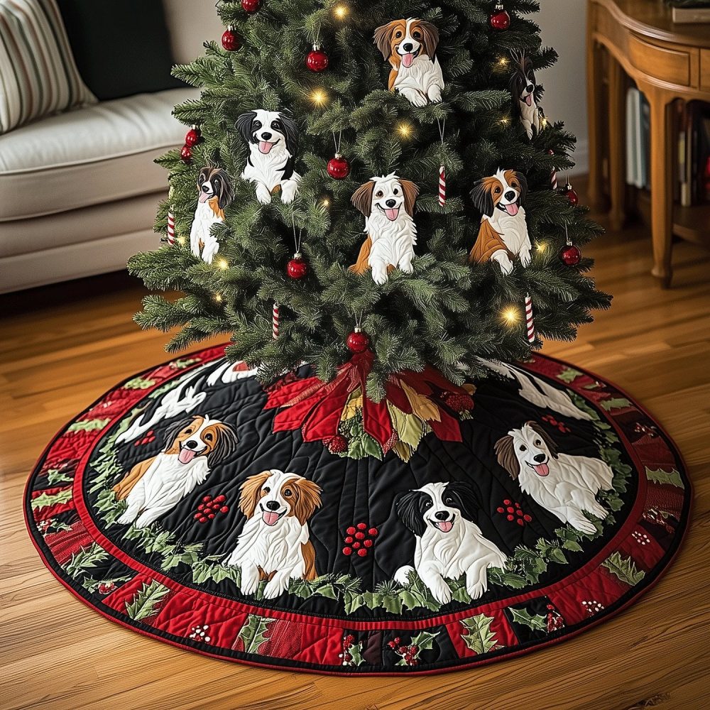 Puppy Christmas Delight Tree Skirt - Handmade Custom Dog Holiday Skirt, Cheerful Puppy Prints, Personalized Keepsake, Made To Order